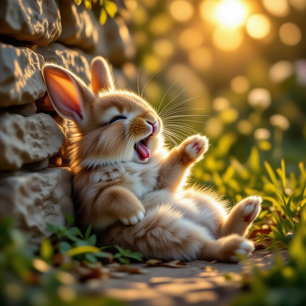 Cute Rabbit Yawning in Sunrise Garden