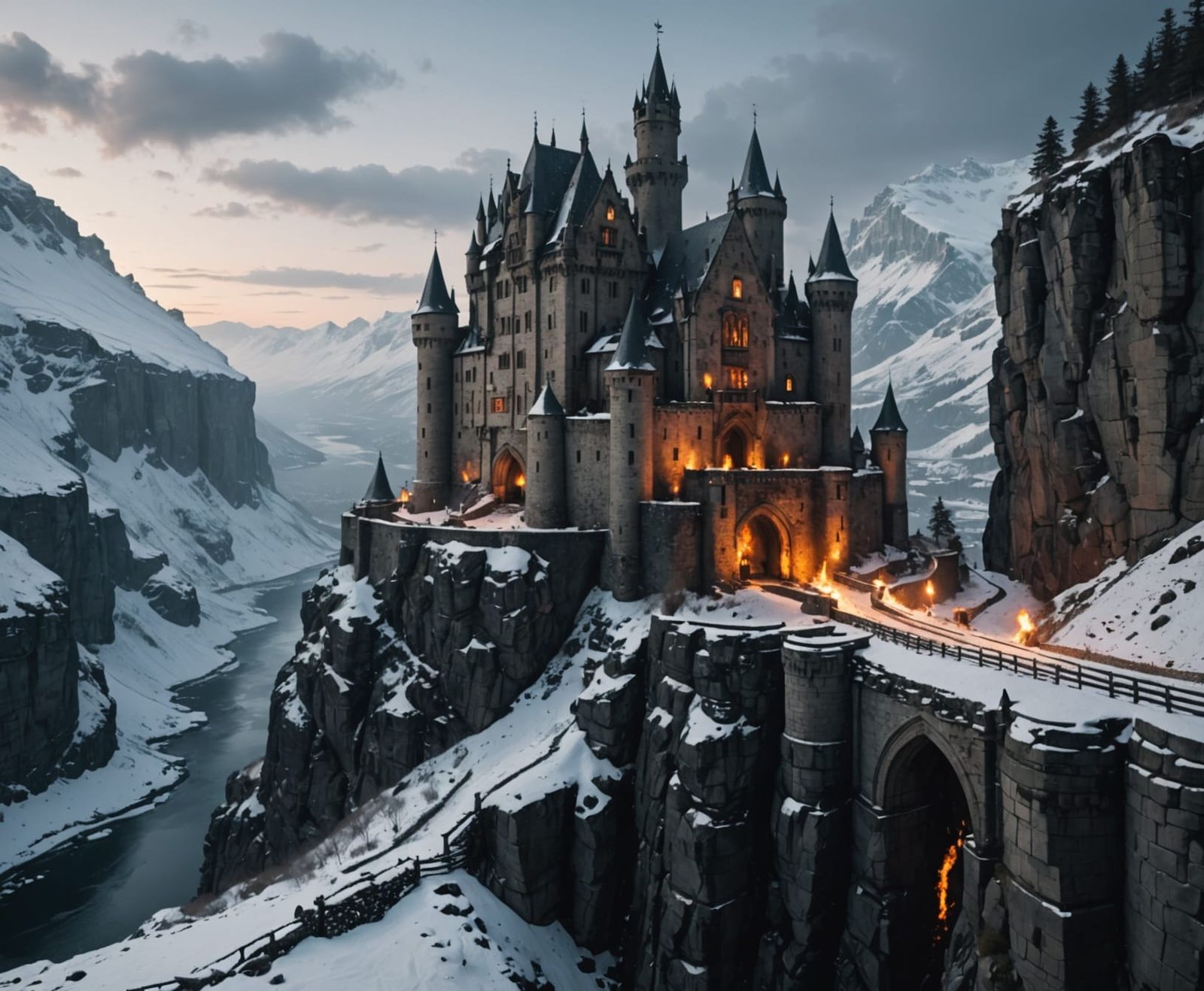 A gothic castle on a snowy cliff, torches flickering against...