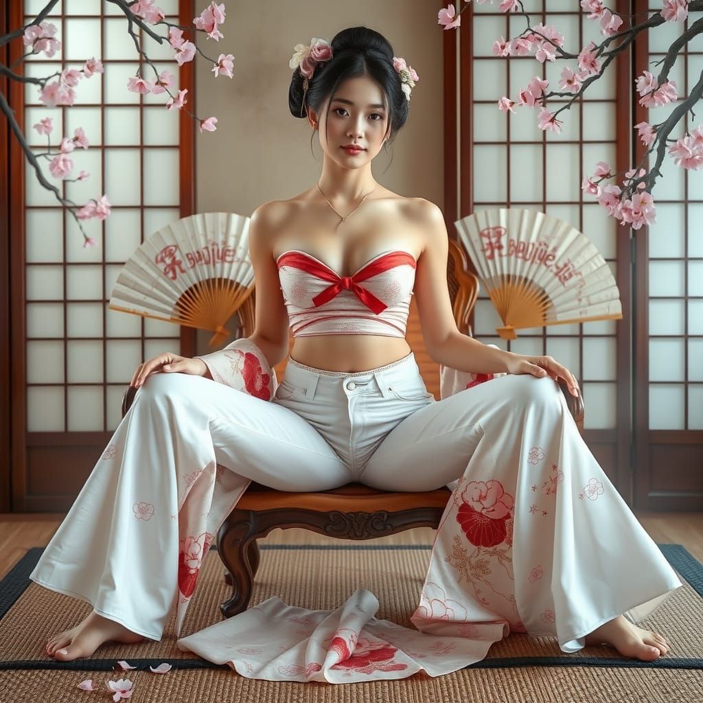 Geisha in Modern Attire with Traditional Fans