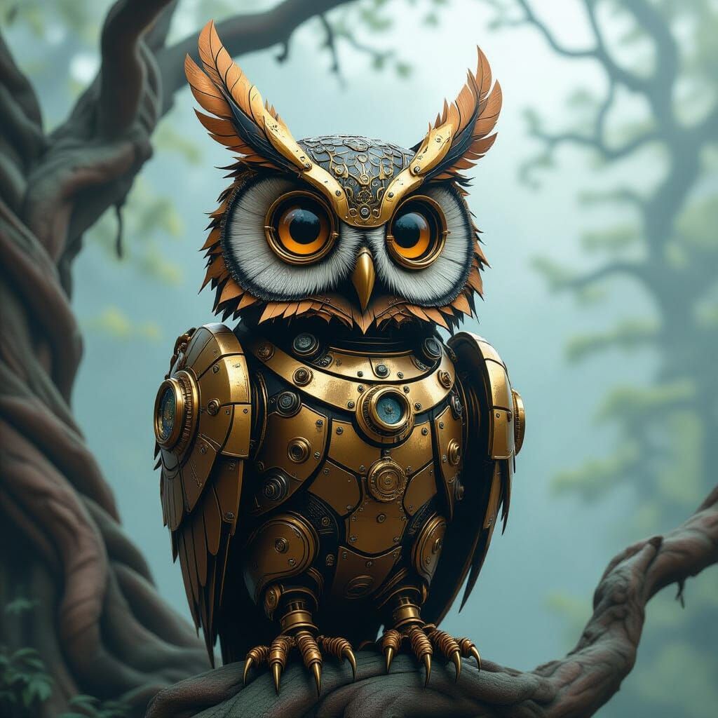 Steampunk Robot Owl in Misty Tree