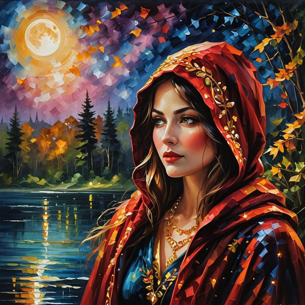 Woman Under Starry Night Sky as Oil Painting