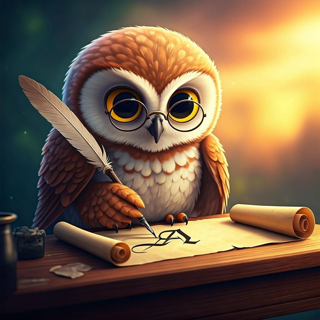 Chibi Owl Writes Gothic Latin Letter