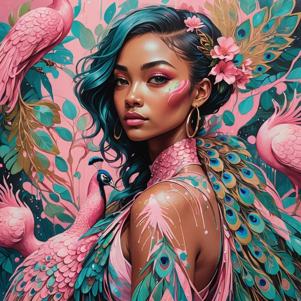 Caribbean Woman with Pink Peacock in Street Art Style