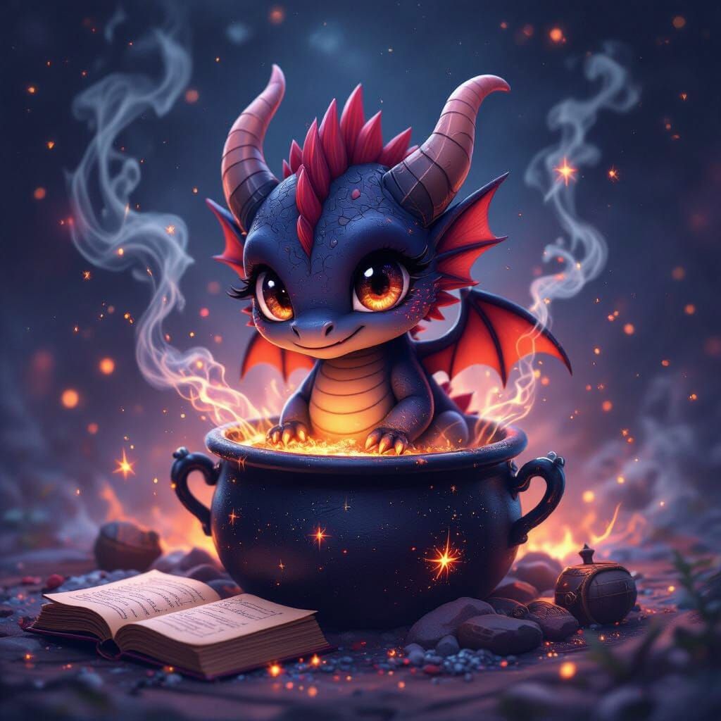 Cute Chibi Demon Dragon in Spooky Galaxy Cauldron