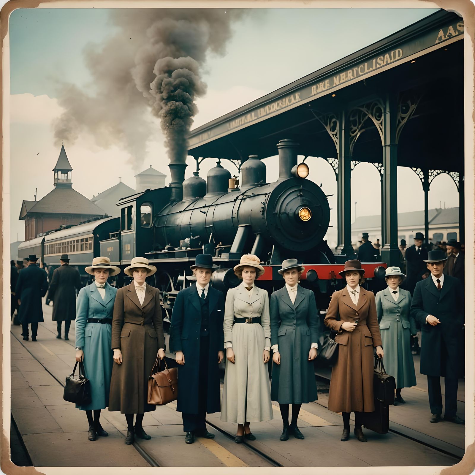 Vintage Train Station in Polaroid Style