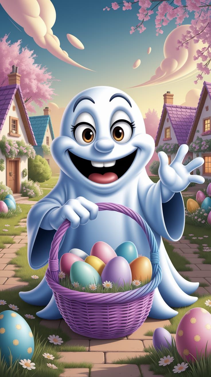 Cartoon Ghost Celebrates Easter in Springtime Village