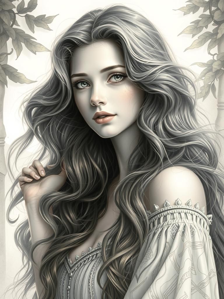 Pencil Portrait of Girl with Flowing Hair