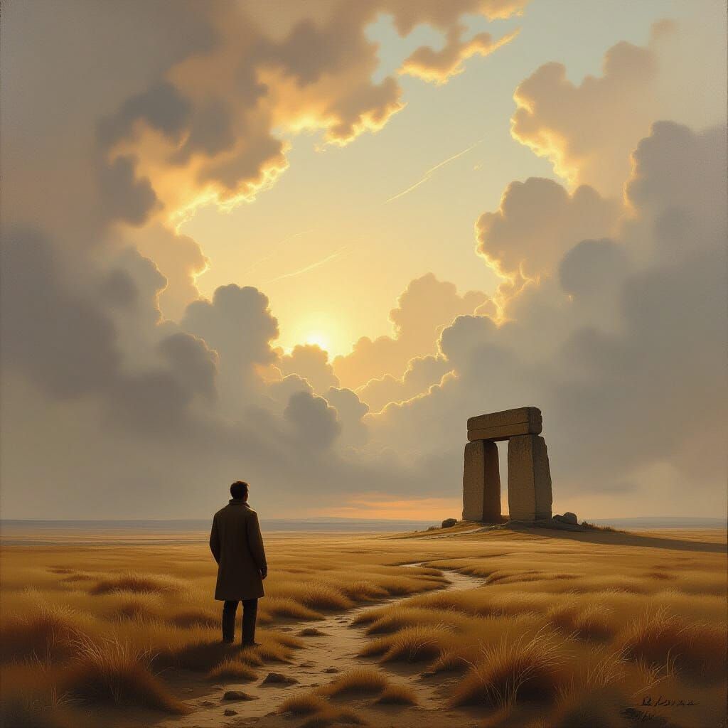 Man Gazes at Ancient Structure on Windswept Plain