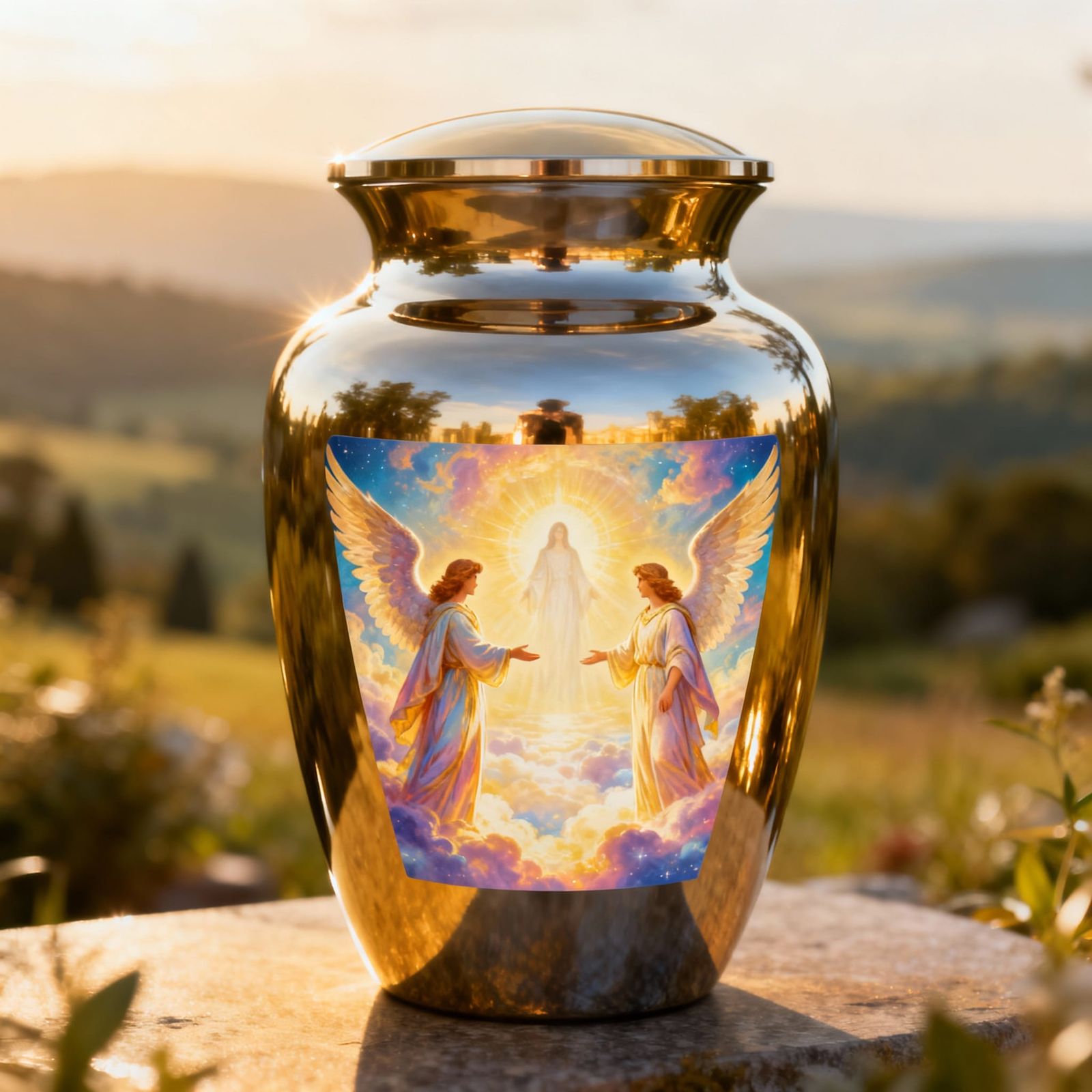 Angelic Welcome Cremation Urn - Polished Aluminum