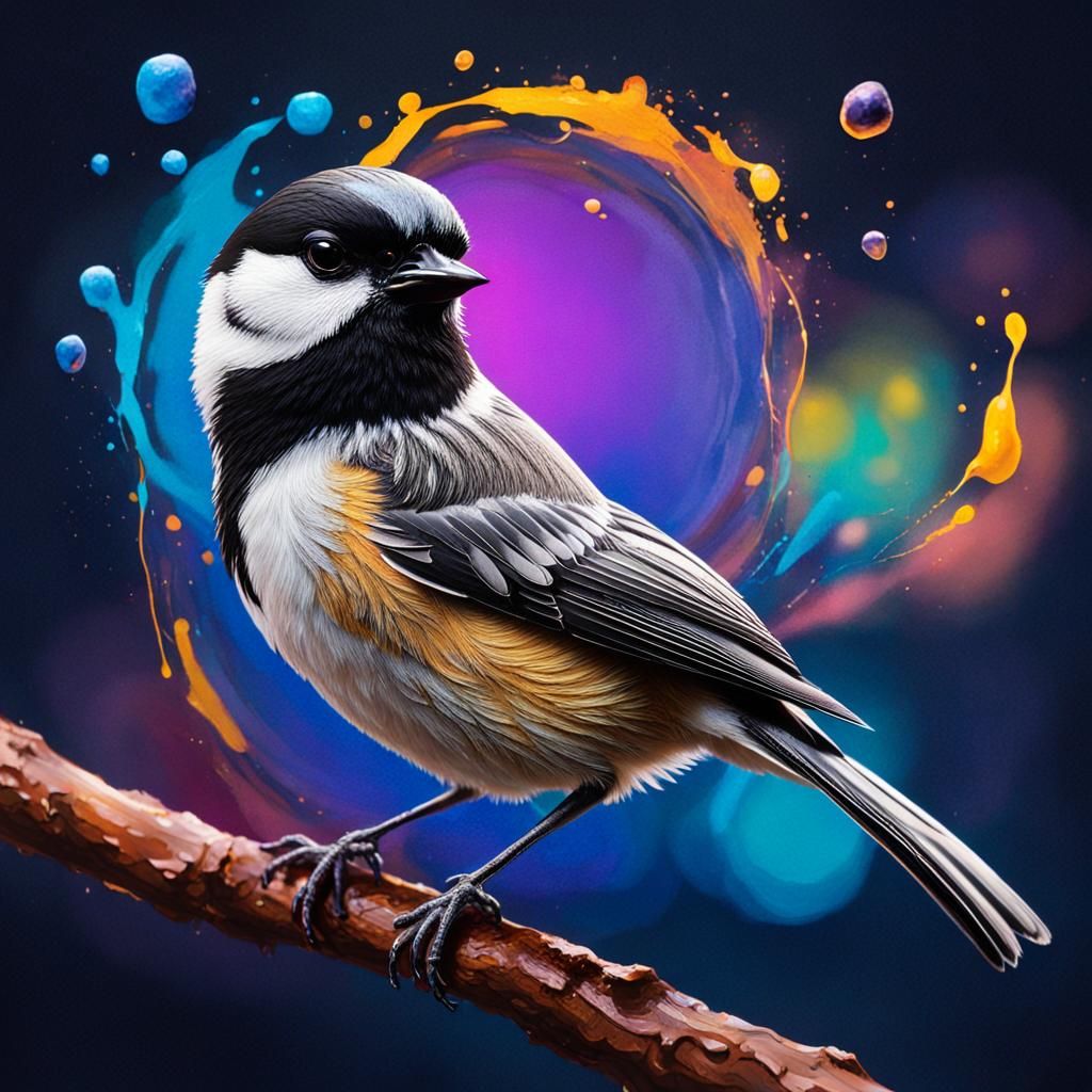 Hyperrealistic Chickadee Splash Art: Detailed Bird Portrait