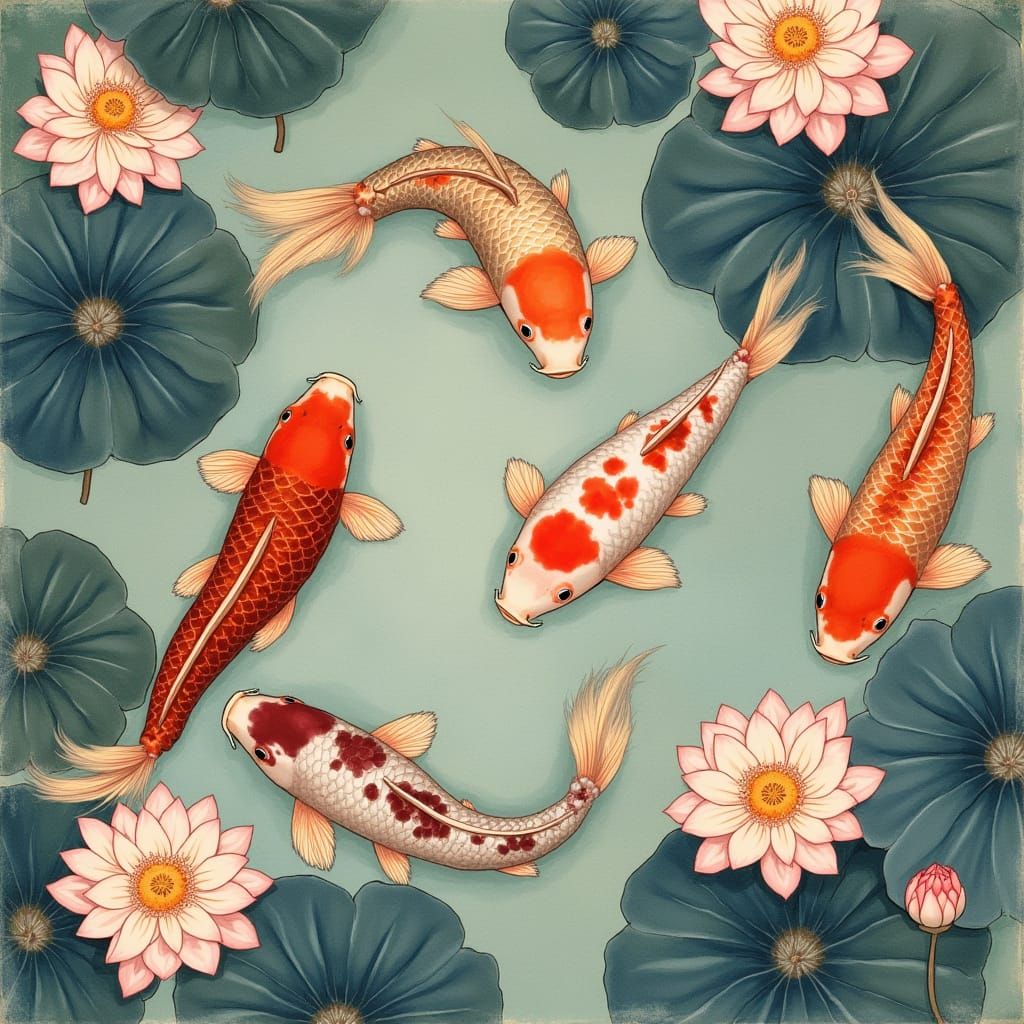 Koi Fish in Mirrored Pond: Sumi-e Style