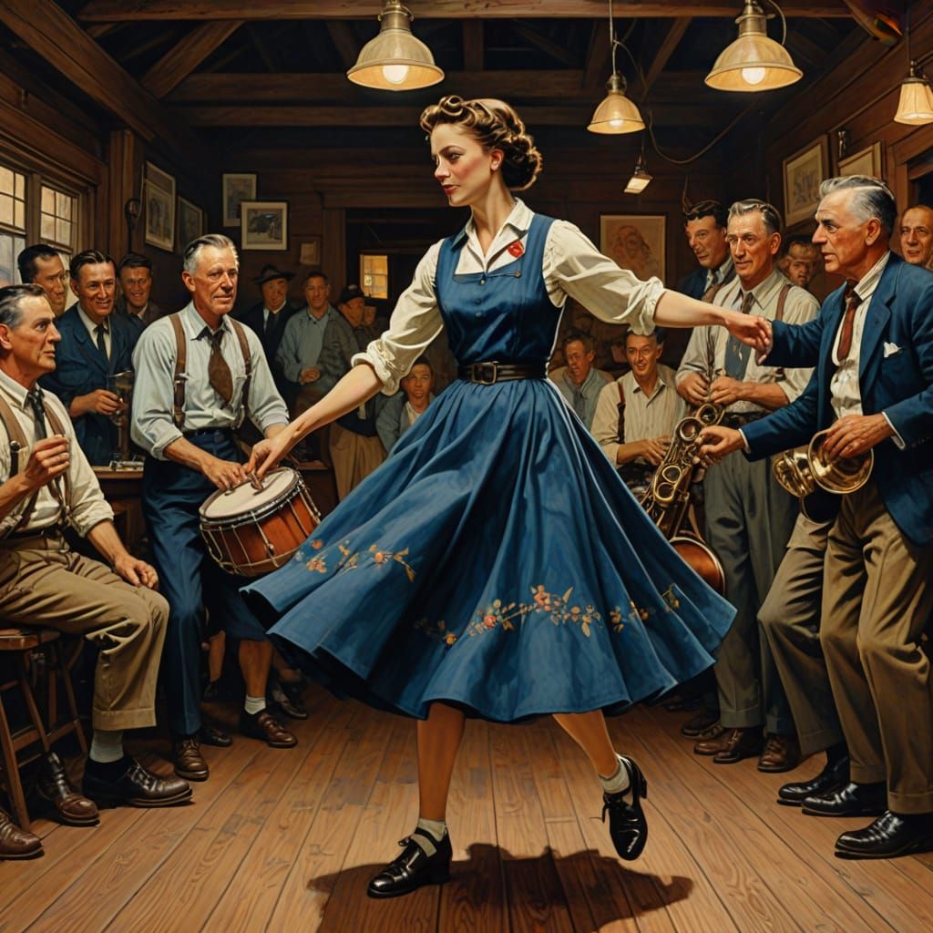 Vibrant Woman in Flowing Swing Dress Performs on Rustic Danc...