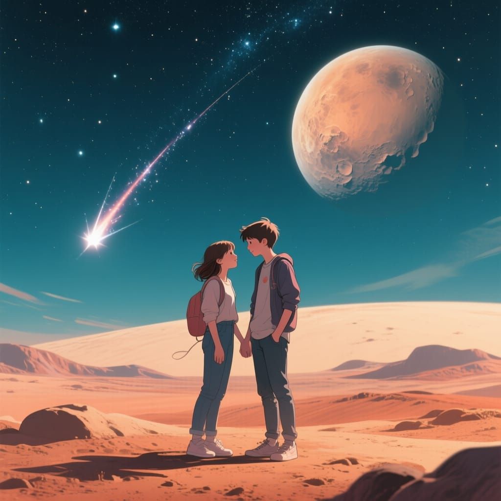 Teenagers Share Romantic Moment on Mars Under Starlit Sky