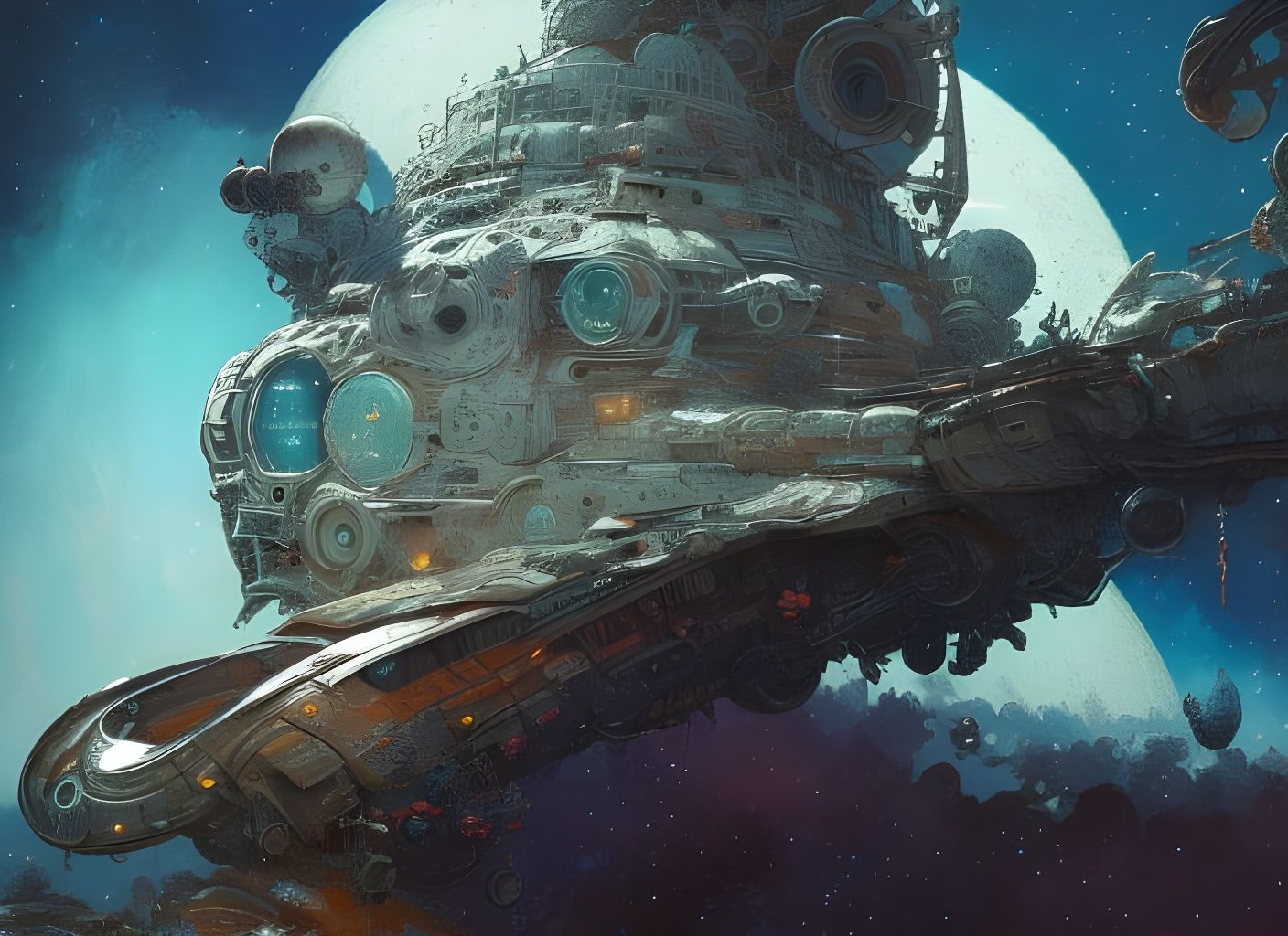 Detailed Space Vessel in Watercolor Style