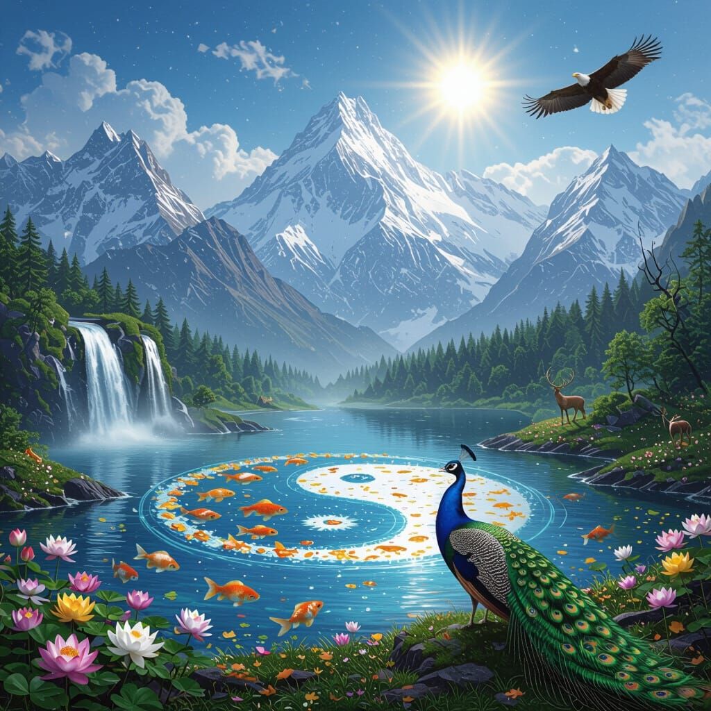 Majestic Snow Mountains Meet Crystal Lake with Peacock and G...