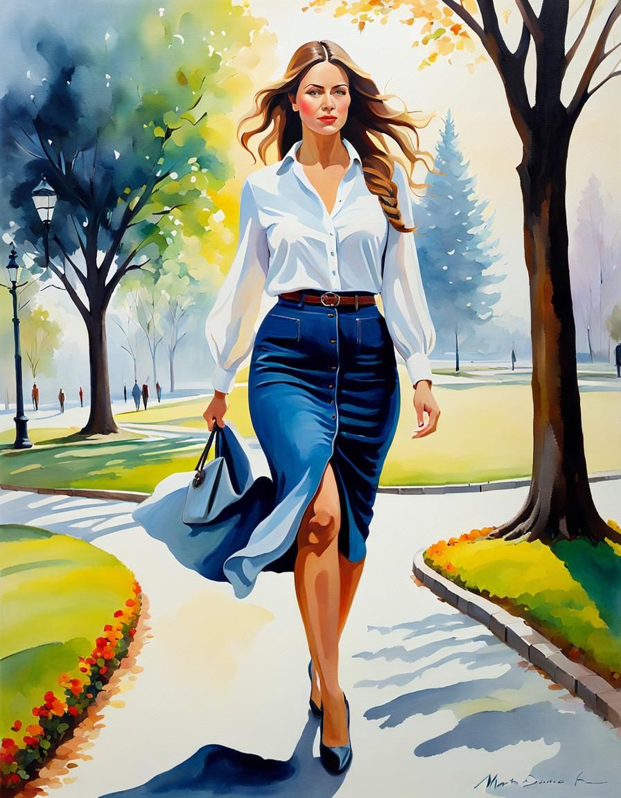 Businesswoman in Park: Oil and Alcohol Ink Style