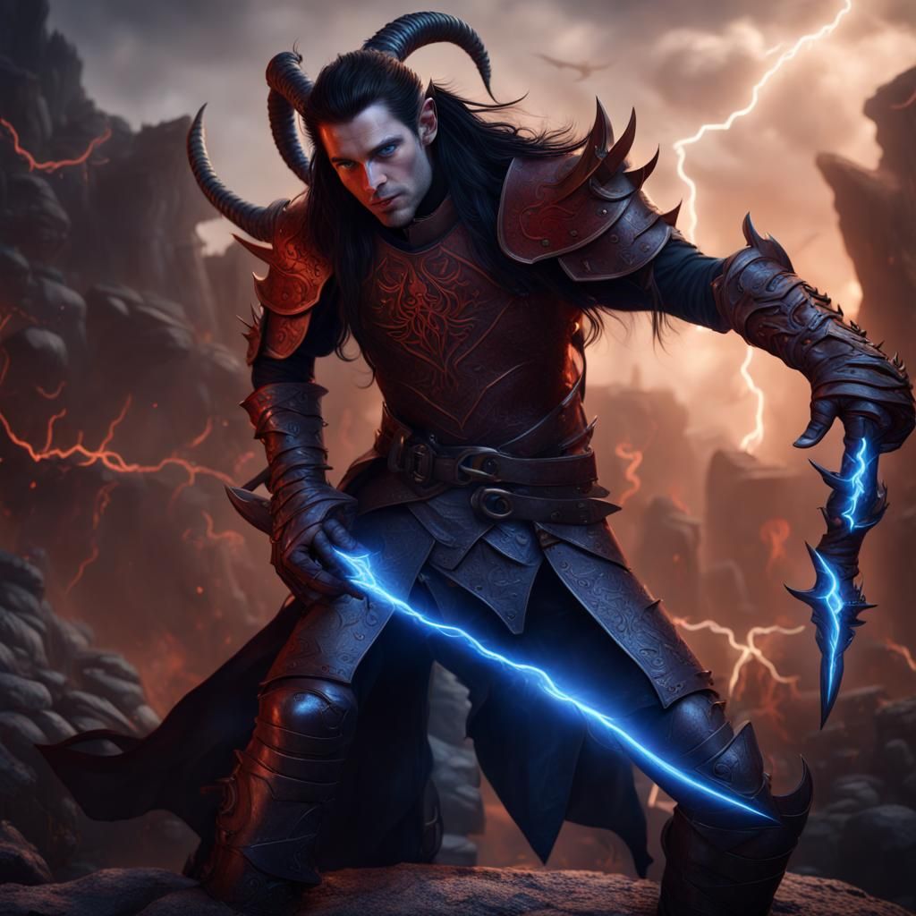 Tiefling Warrior with Lightning Eyes, Fantasy Art