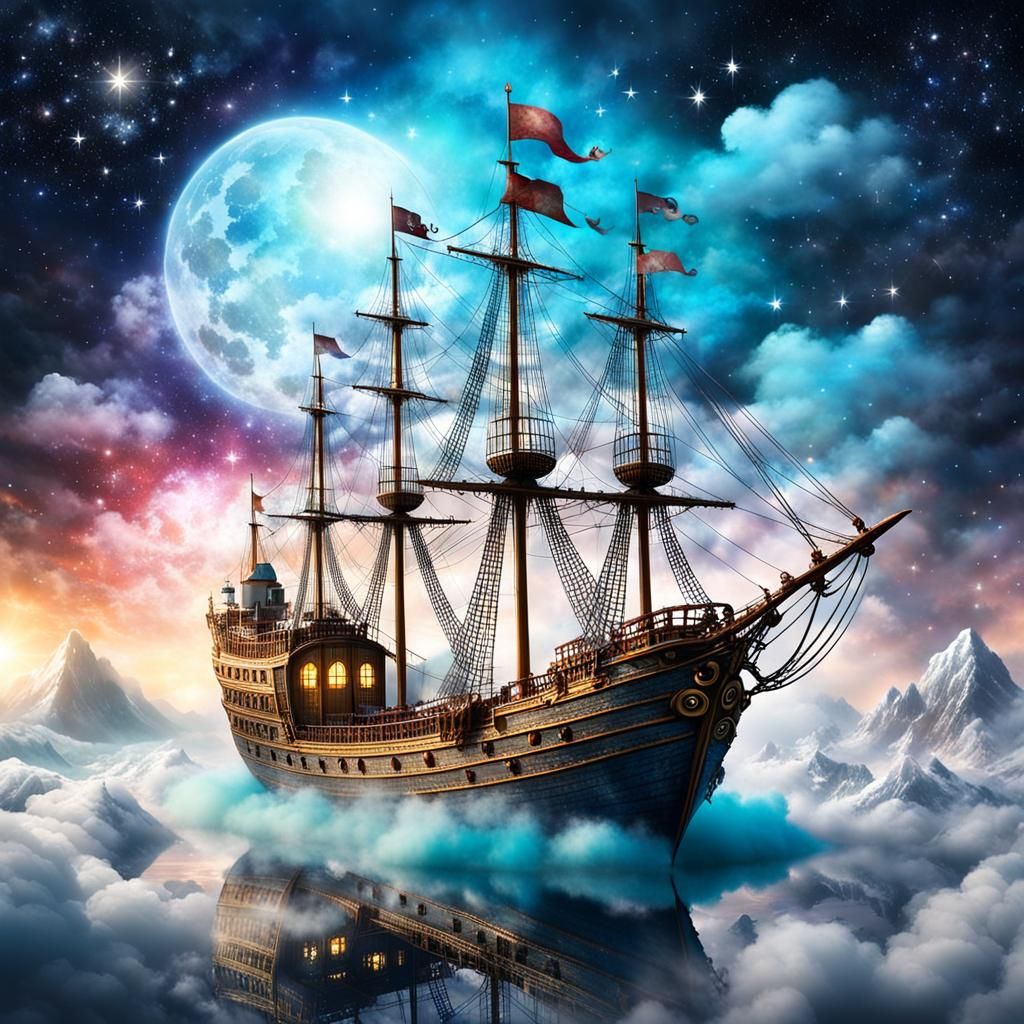 Whimsical Ship Navigates Misty Cloudscape