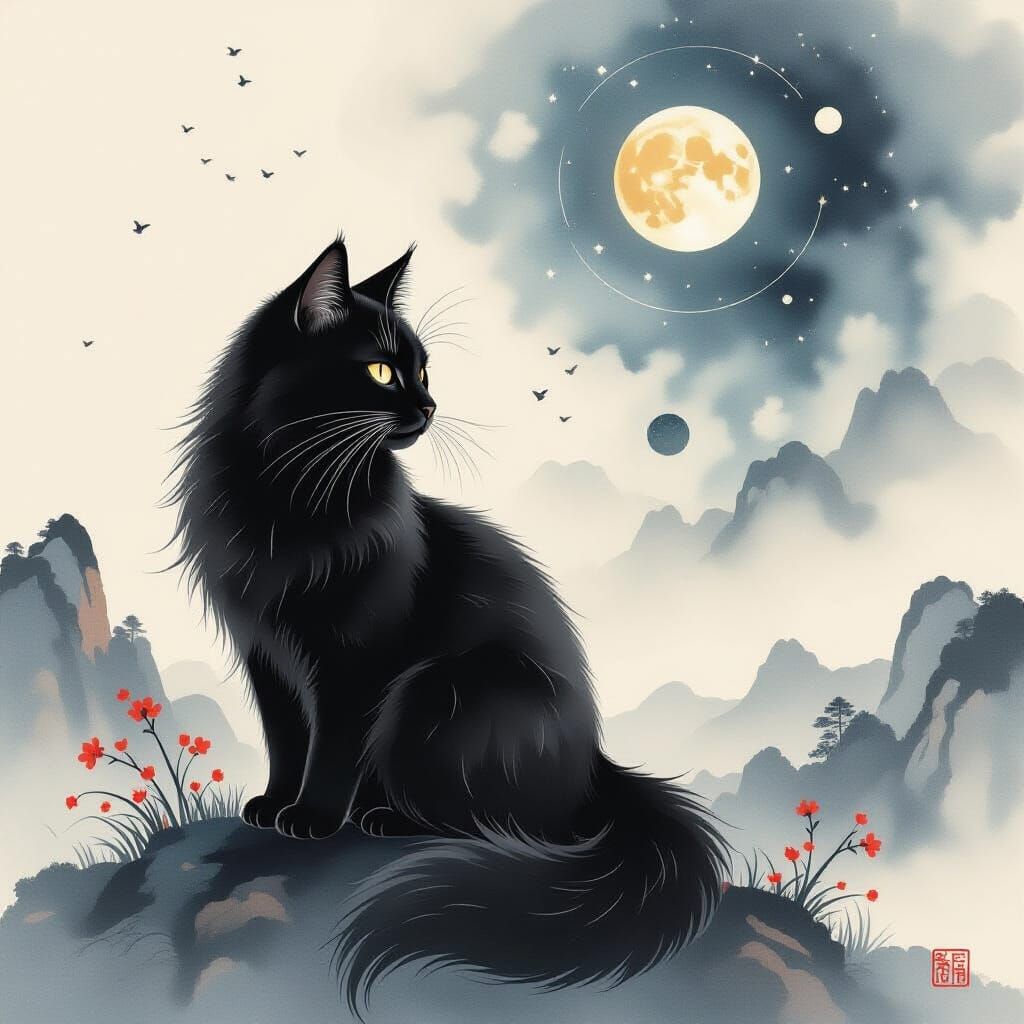 Black Cat Ink Art in Chinese Watercolor Style
