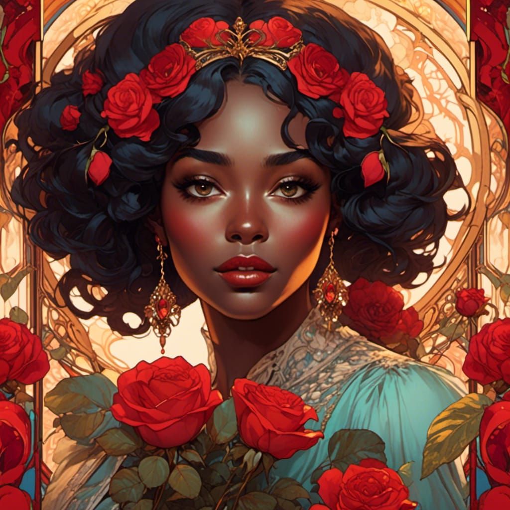 Black Woman Emerges from Rose in Art Nouveau Rococo