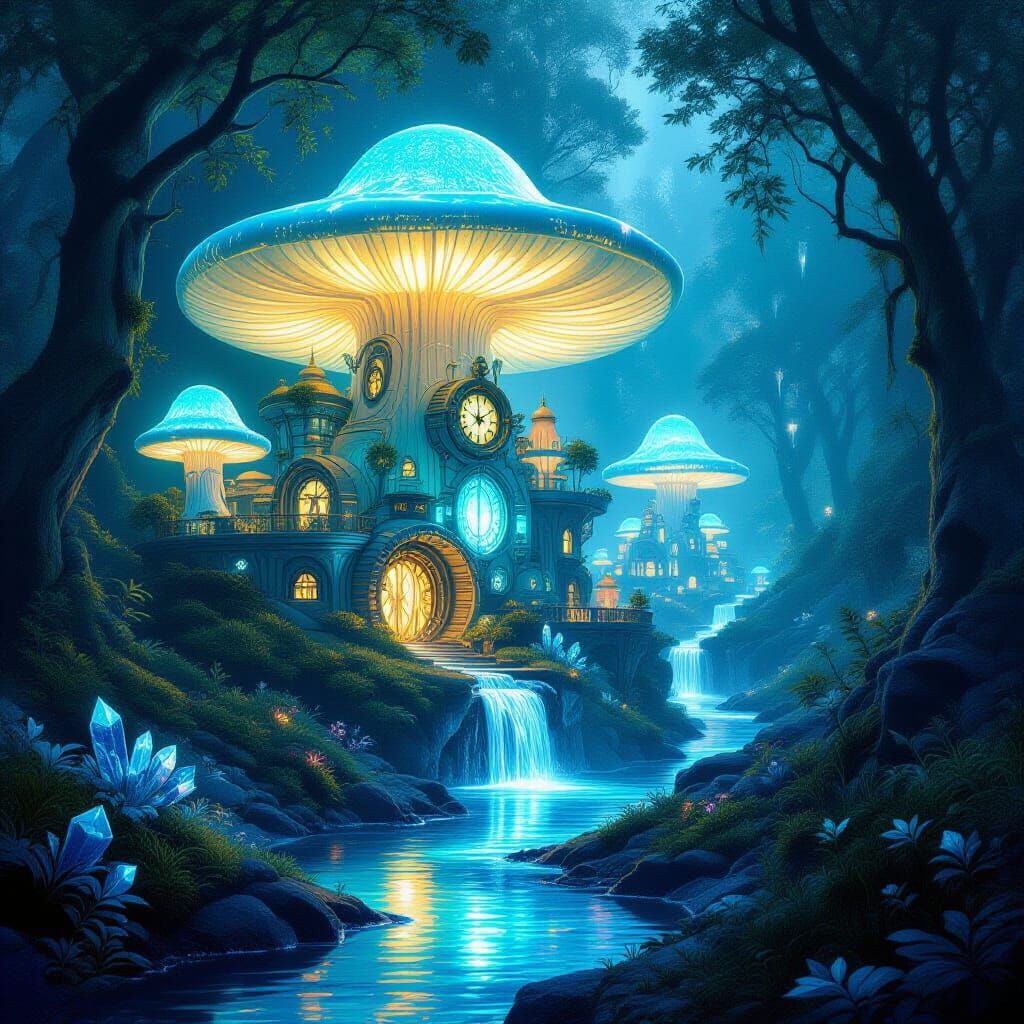 Bioluminescent Mushroom City in Ethereal Light