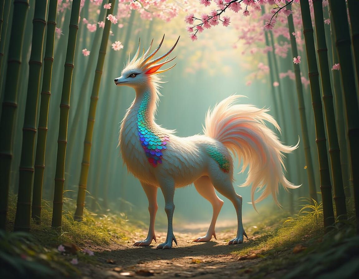 Iridescent Kirin in Bamboo Forest, Hyperrealistic Style