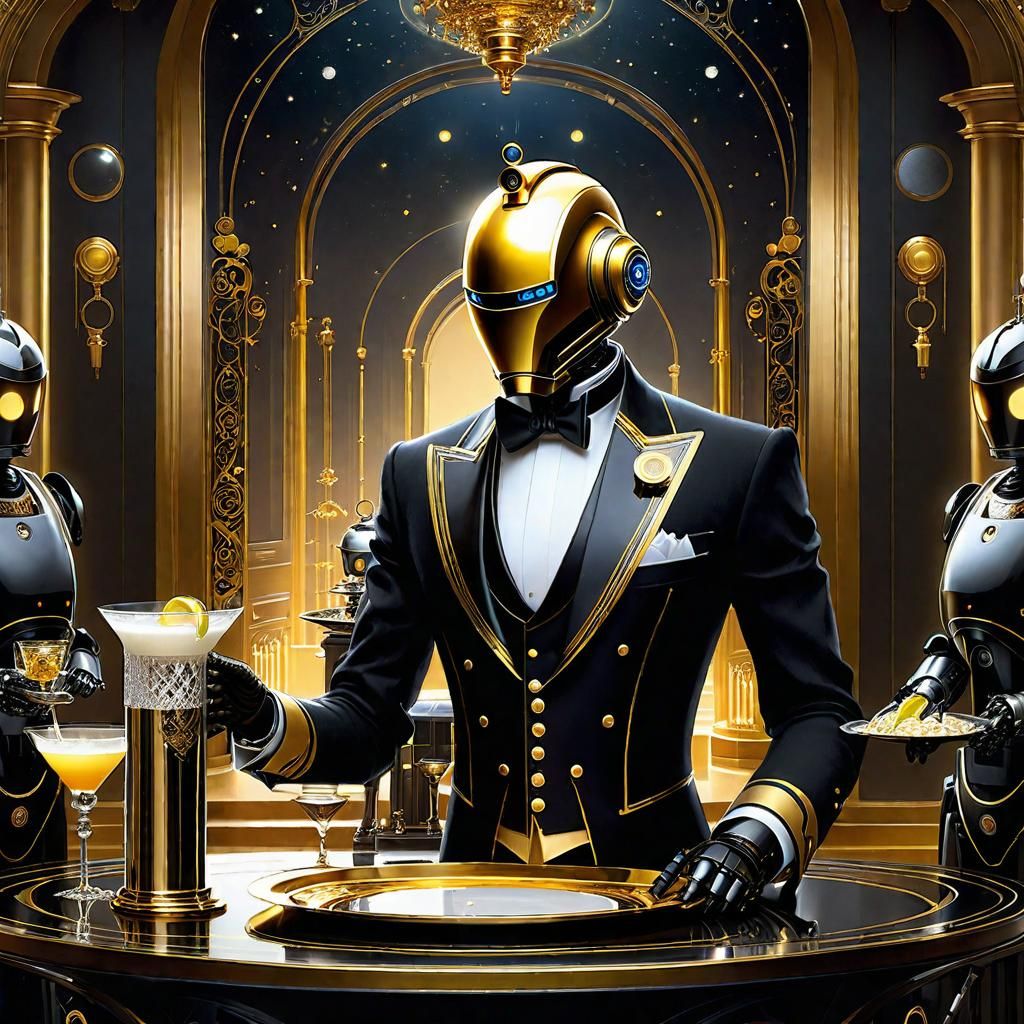 Robot Butler Serving Drinks in Posh Mansion