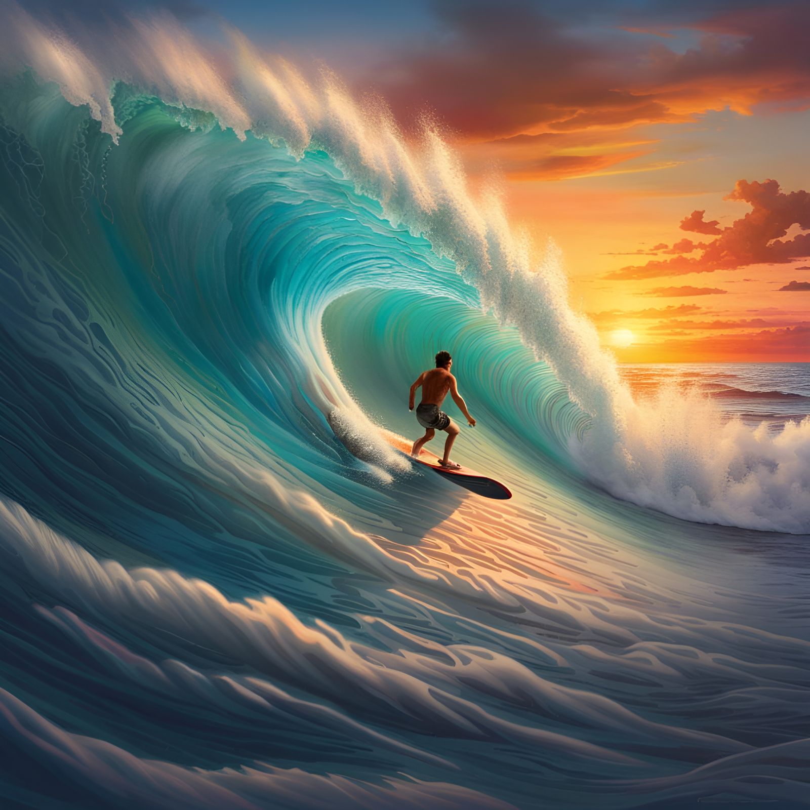 Surfer Rides a Colossal Wave at Sunset