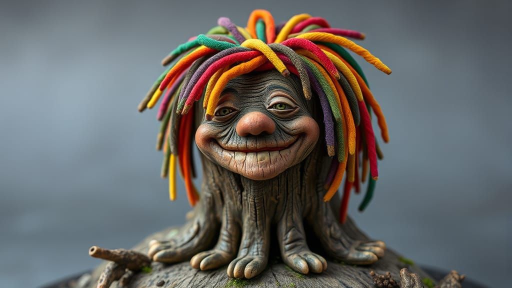 Whimsical Tree Stump Creature with Vibrant Dreadlocks