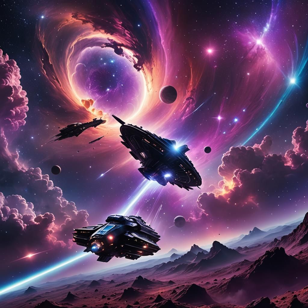 Spaceship Drifting Through Dreamy Sci-Fi Cosmos