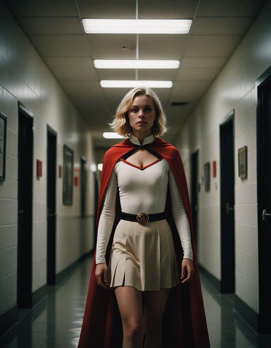 Superhero Tiptoes Through Office: Cinematic Film Still