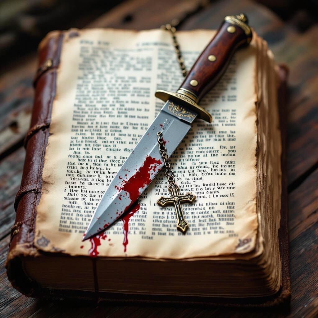 Worn Bible Pierced by Knife with Cross Pendant