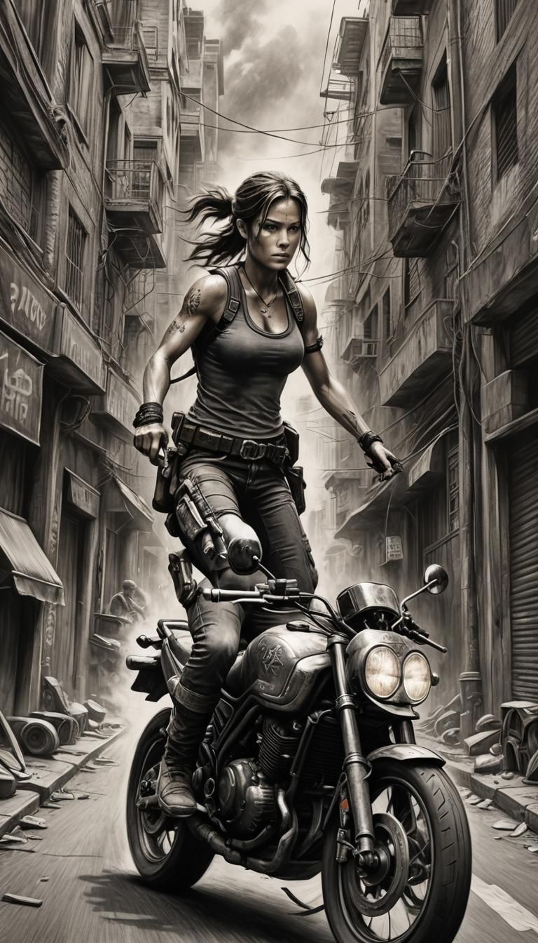 Lara Croft Motorcycle Chase, Charcoal Drawing