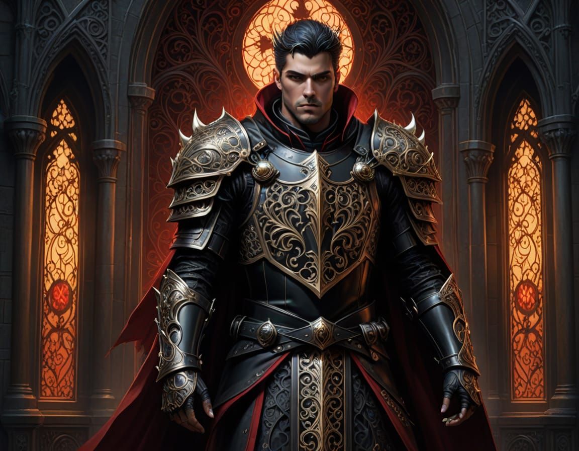 Glorious Knight in Ornate Filigree Armor with Gold and Black...