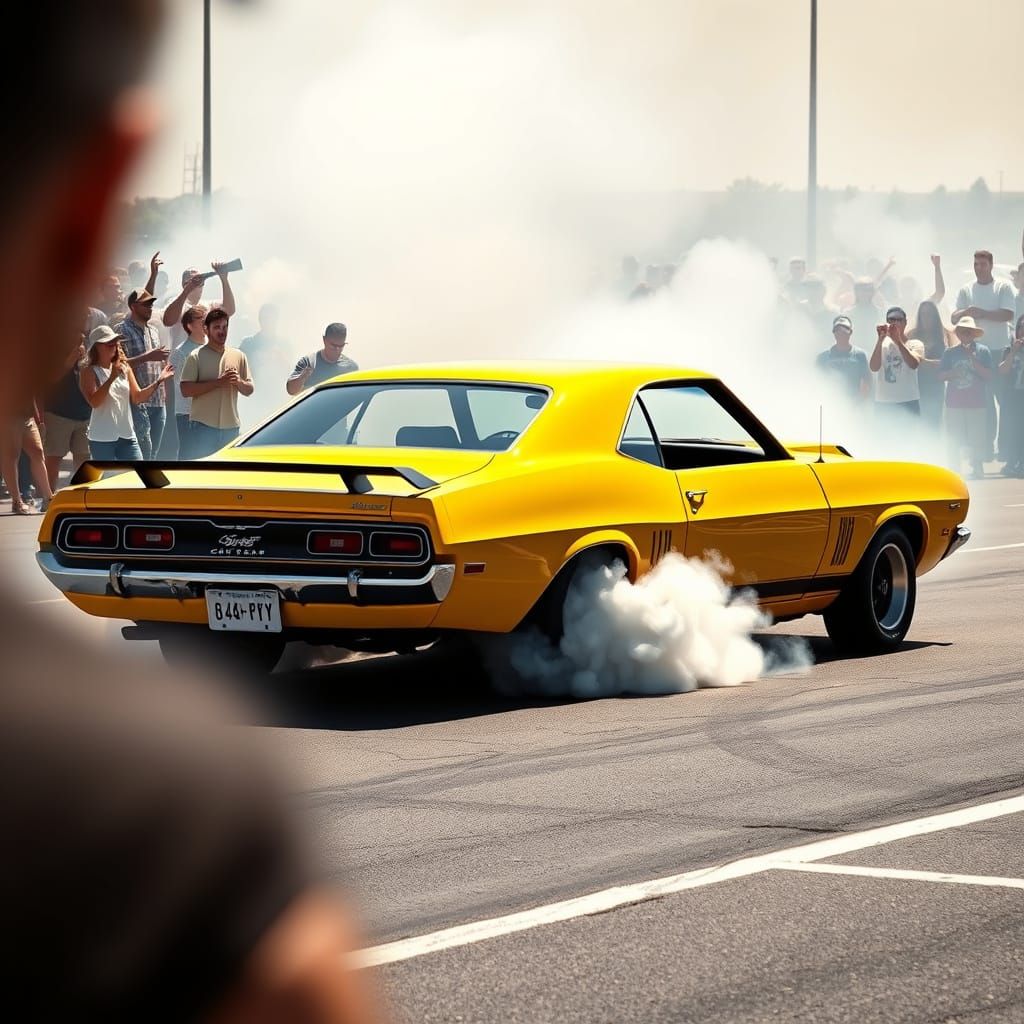 Vibrant Yellow Muscle Car Performs Smoky Burnout in Empty Lo...