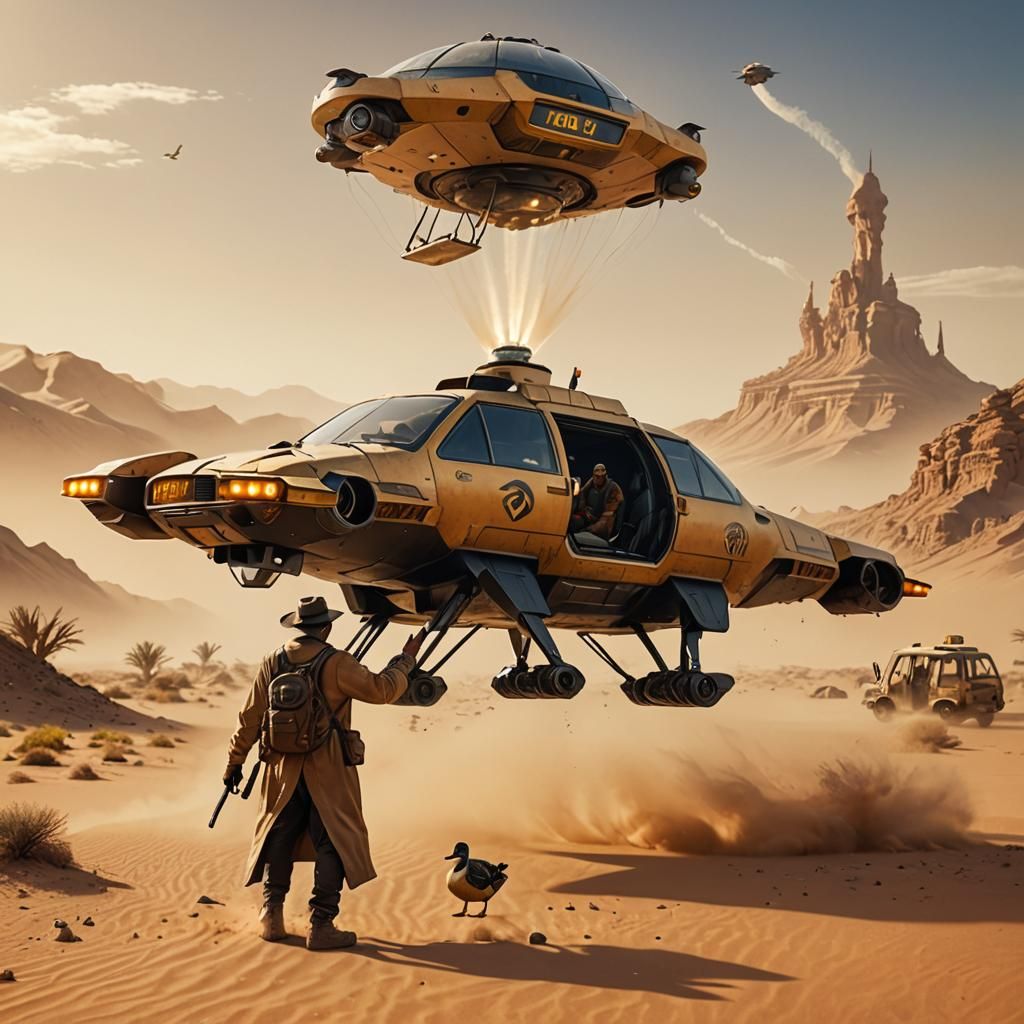 Man Hails Duck in Hover Taxi, Sandstorm Desert