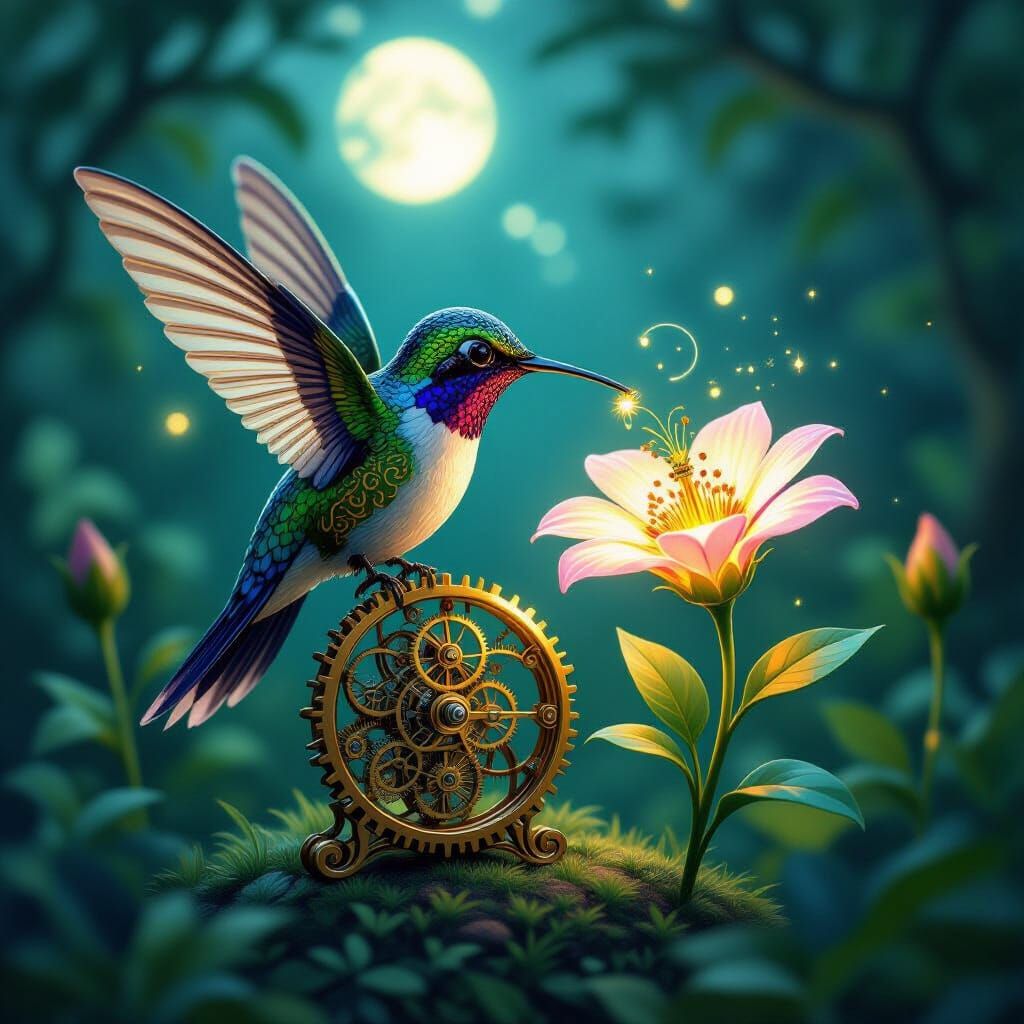 Clockwork Hummingbird Sipping Nectar in Art Nouveau Style