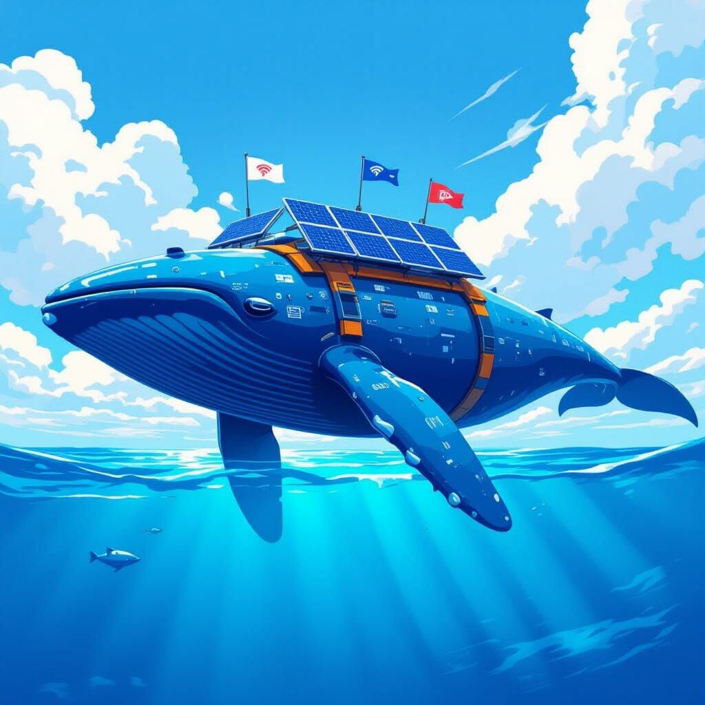 Solar-Powered Whale with WiFi Flags Swims in Futuristic Ocea...