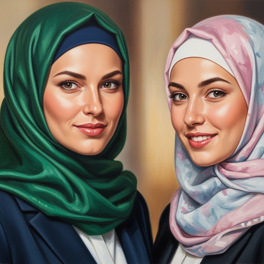Confident Businesswomen in Hijabs: Oil Painting Portrait