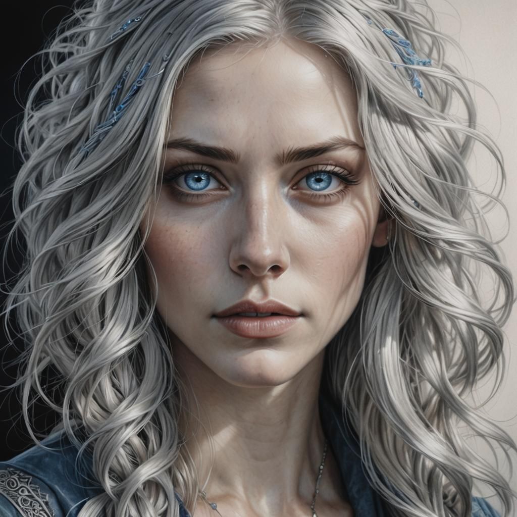 Serene Silver-Haired Woman Portrait in Graphite Style