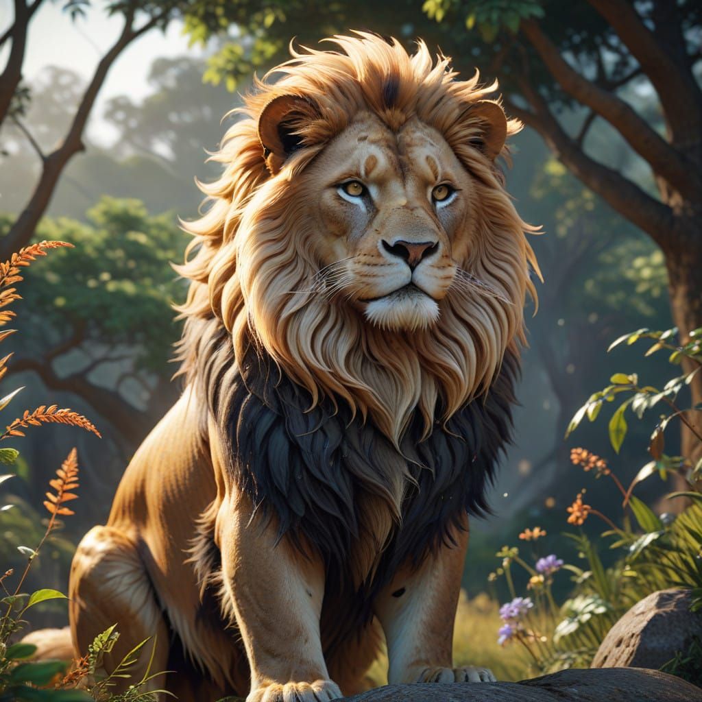 Regal Feline King of the Savannah in Anime Style