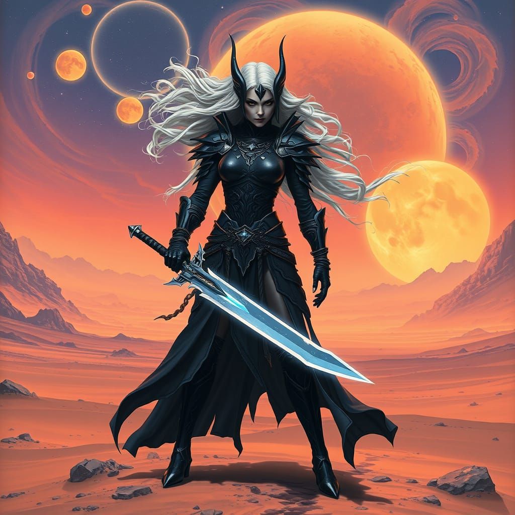 Glowing Blade Drow Warrior in Alien Desert Landscape
