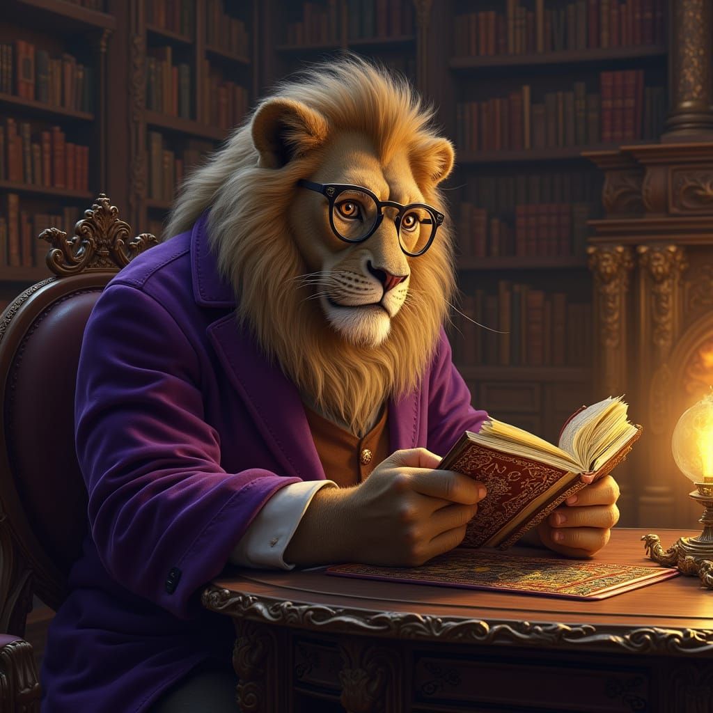 Wise Lion in Baroque Library with Velvet Smoking Jacket