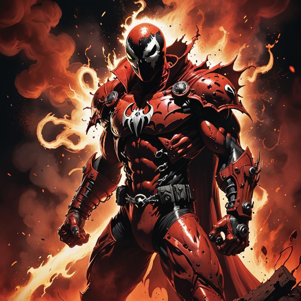 ."Spawn Onyx Crimson Rust suited, enraged. Inferno  at hand."...