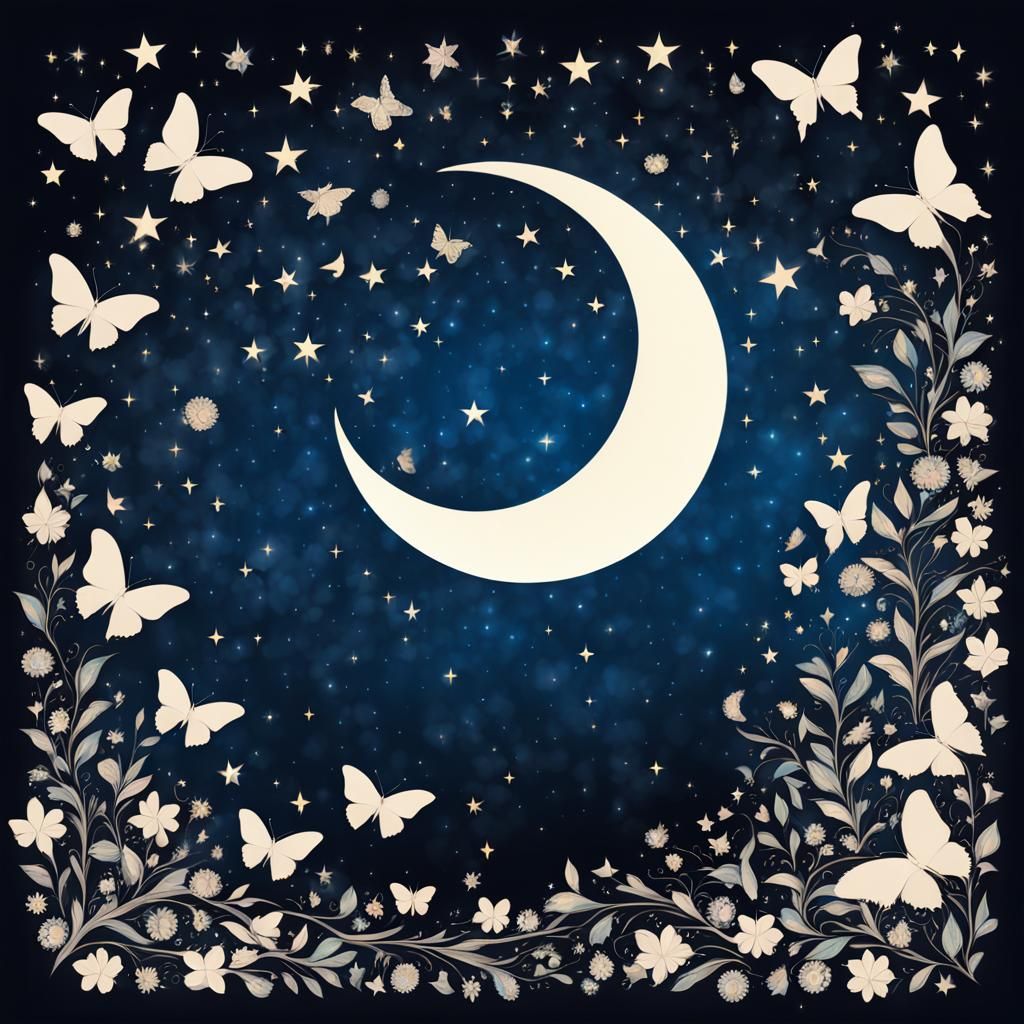 Crescent Moon with Butterfly Petal Silhouettes