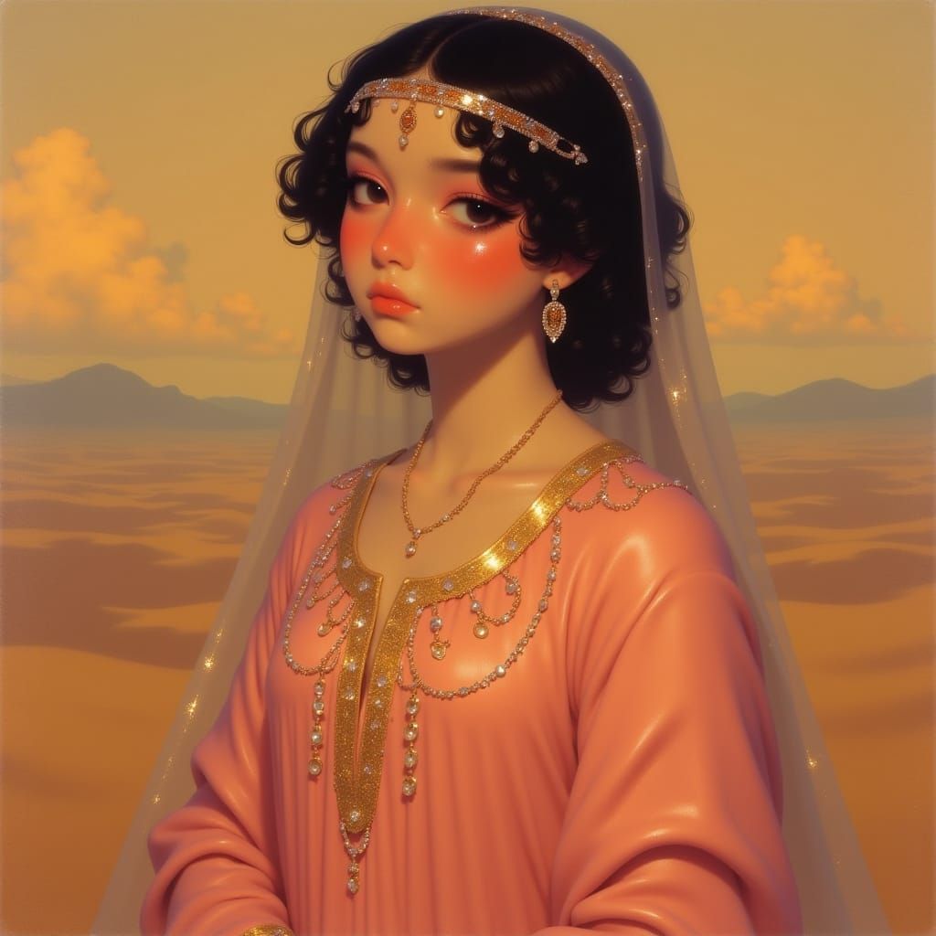 Serene Biblical-Era Jewish Woman in Rosé Pink Gown with Gold...