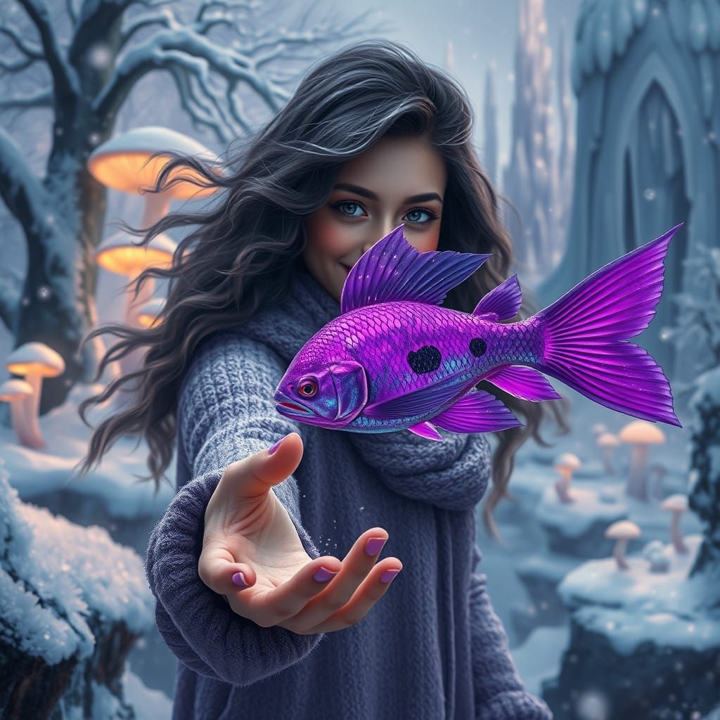Vibrant Purple Fish Swim in Winter Wonderland