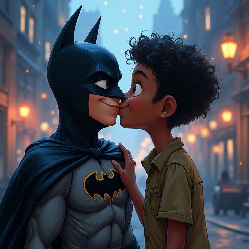Whimsical Gotham City Boy Shares a Kiss with Chiseled Batman...