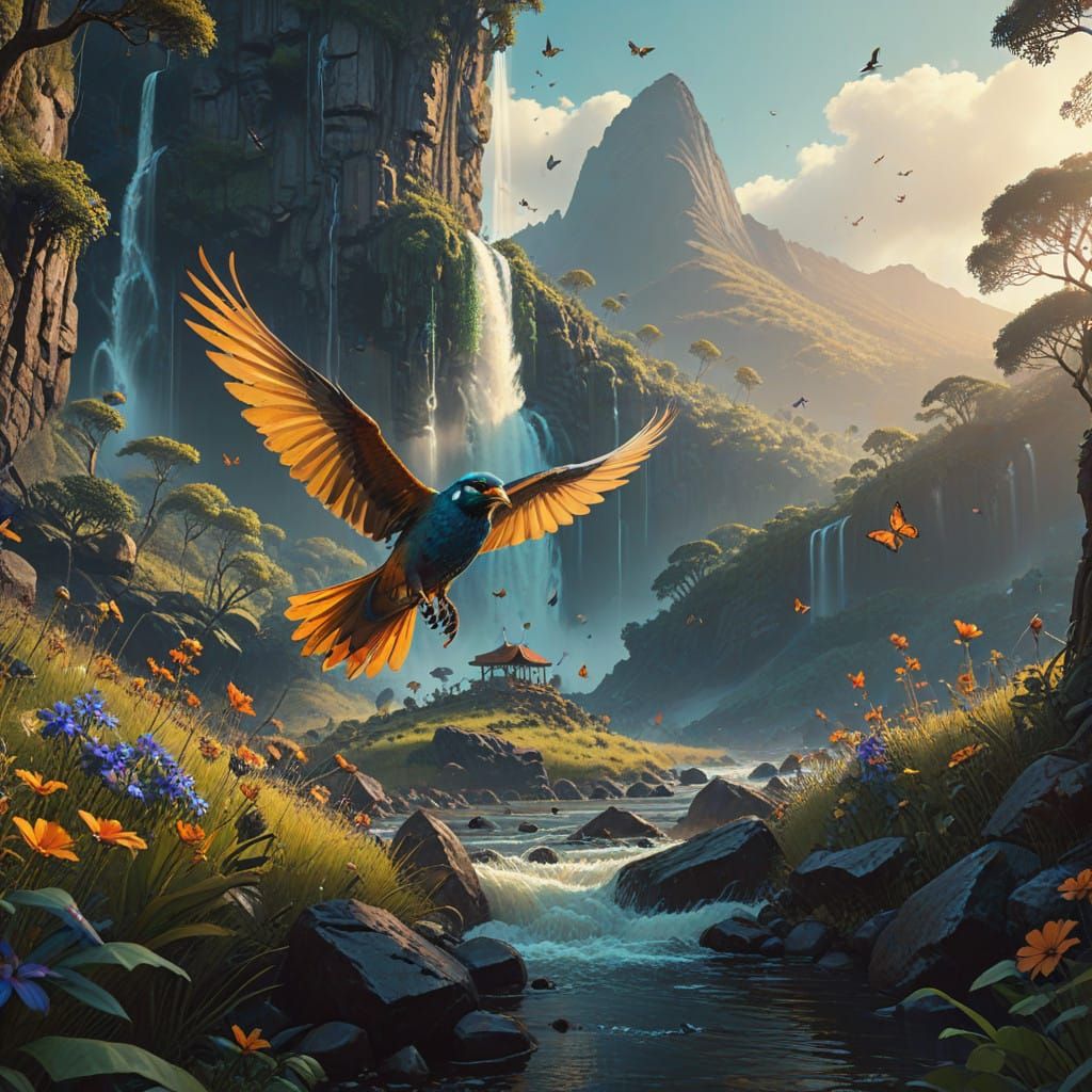 Birds Soar in Tropical Waterfall Wonderland
