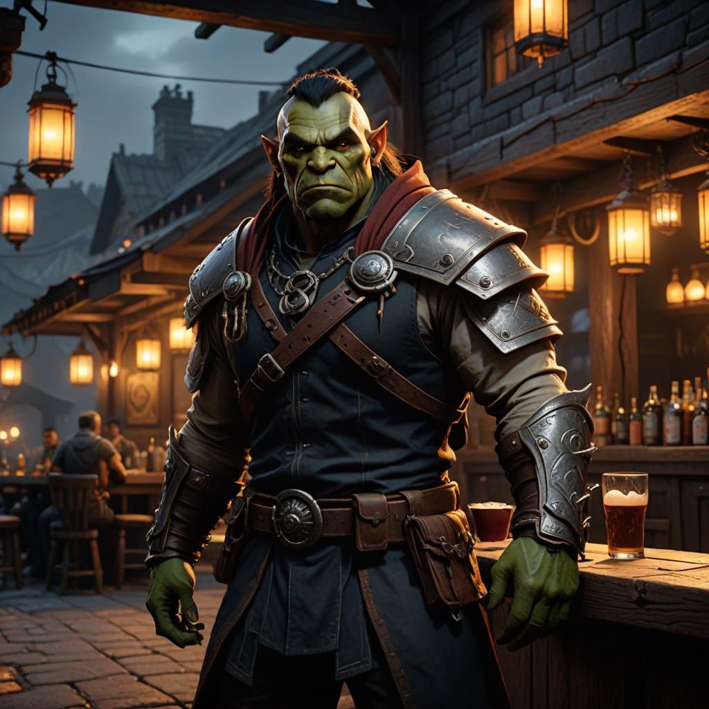 Half Orc in Warm Golden Light, Fantasy Roadhouse Inn